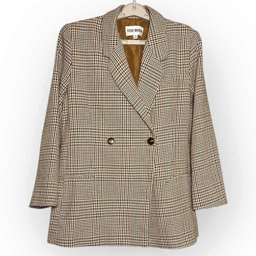 Steve Madden M Blazer Jacket Long Tan Houndstooth Double-Breasted Academia Fall‎